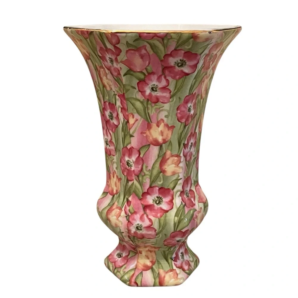 Vintage BAUM BROS Pink And Green Poppy Tulip Chintz Vase Gold Edge Hexagon 10”